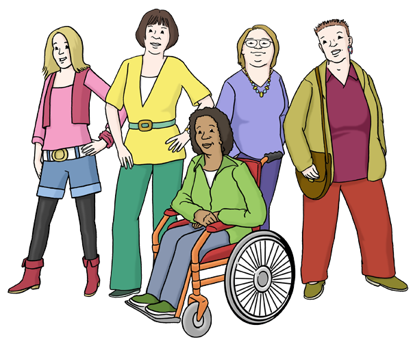 Verschiedene Frauen stehen in einer Gruppe. Eine davon sitzt im Rollstuhl. Alle wirken selbst-bewusst. Und stark.